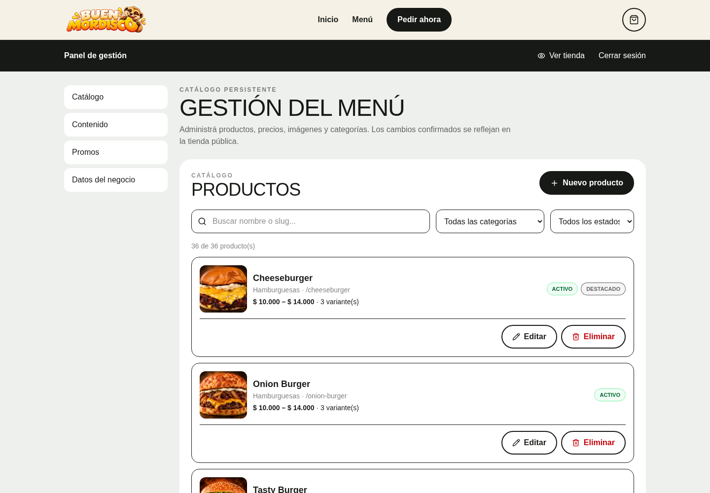 Panel desktop de Buen Mordisco con catálogo de productos y filtros