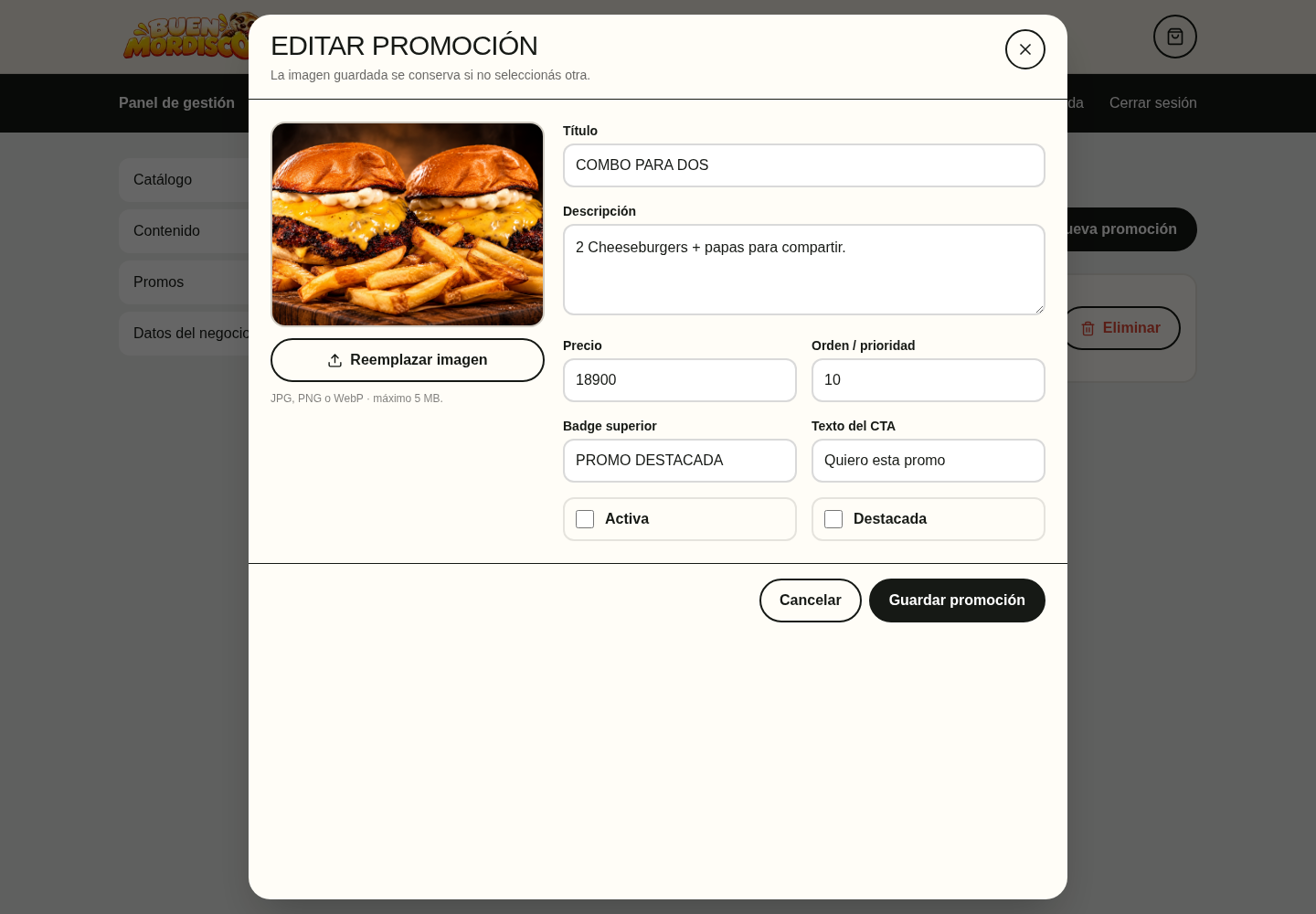 Editor administrativo de una promoción de Buen Mordisco con imagen y opciones