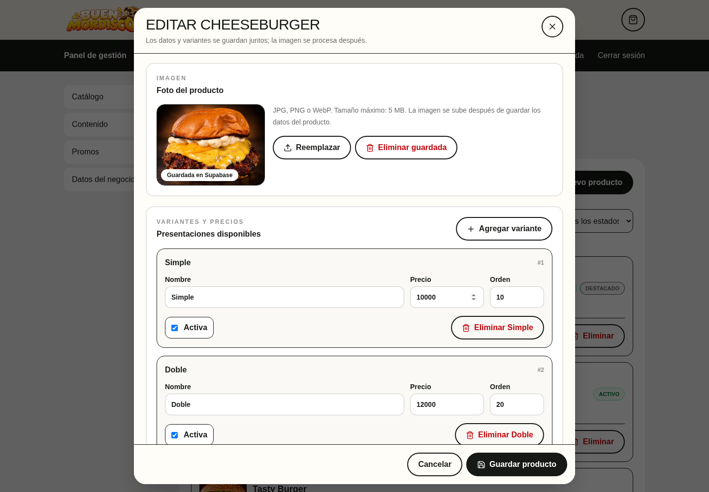 Editor de Buen Mordisco con precios por variante y controles de fotografías