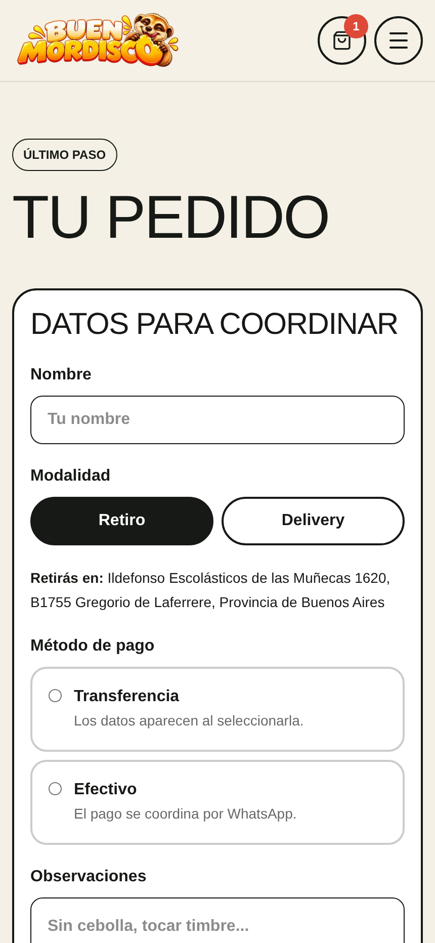 Checkout de Buen Mordisco con retiro o delivery y opciones de transferencia o efectivo