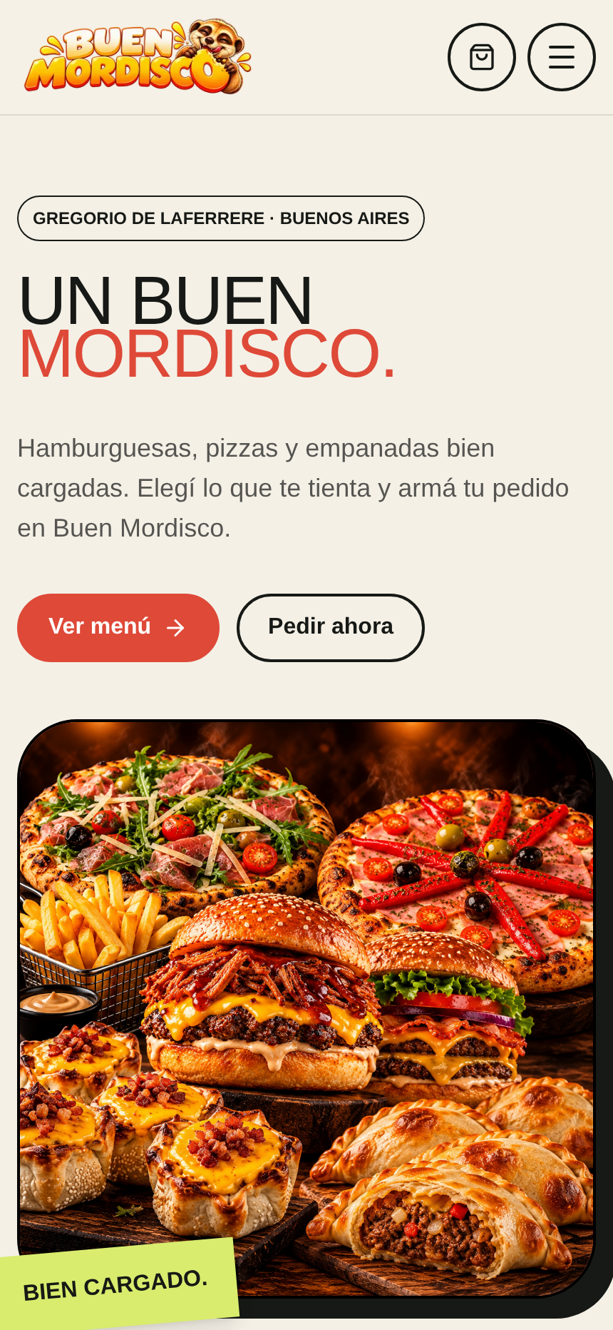 Homepage de Buen Mordisco: presentación gastronómica y accesos al menú y pedidos