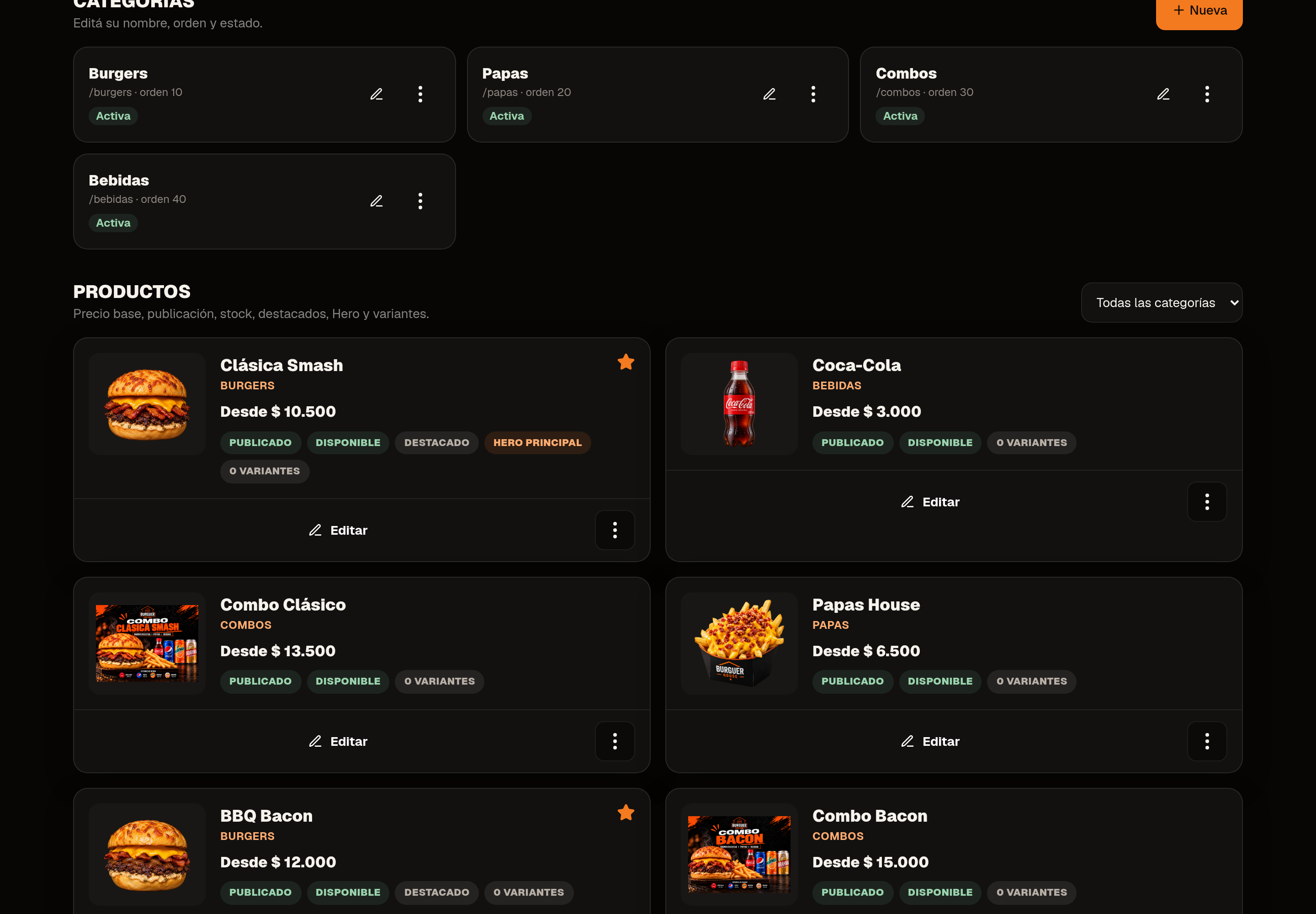 Panel desktop de Burguer House: productos, precios y disponibilidad