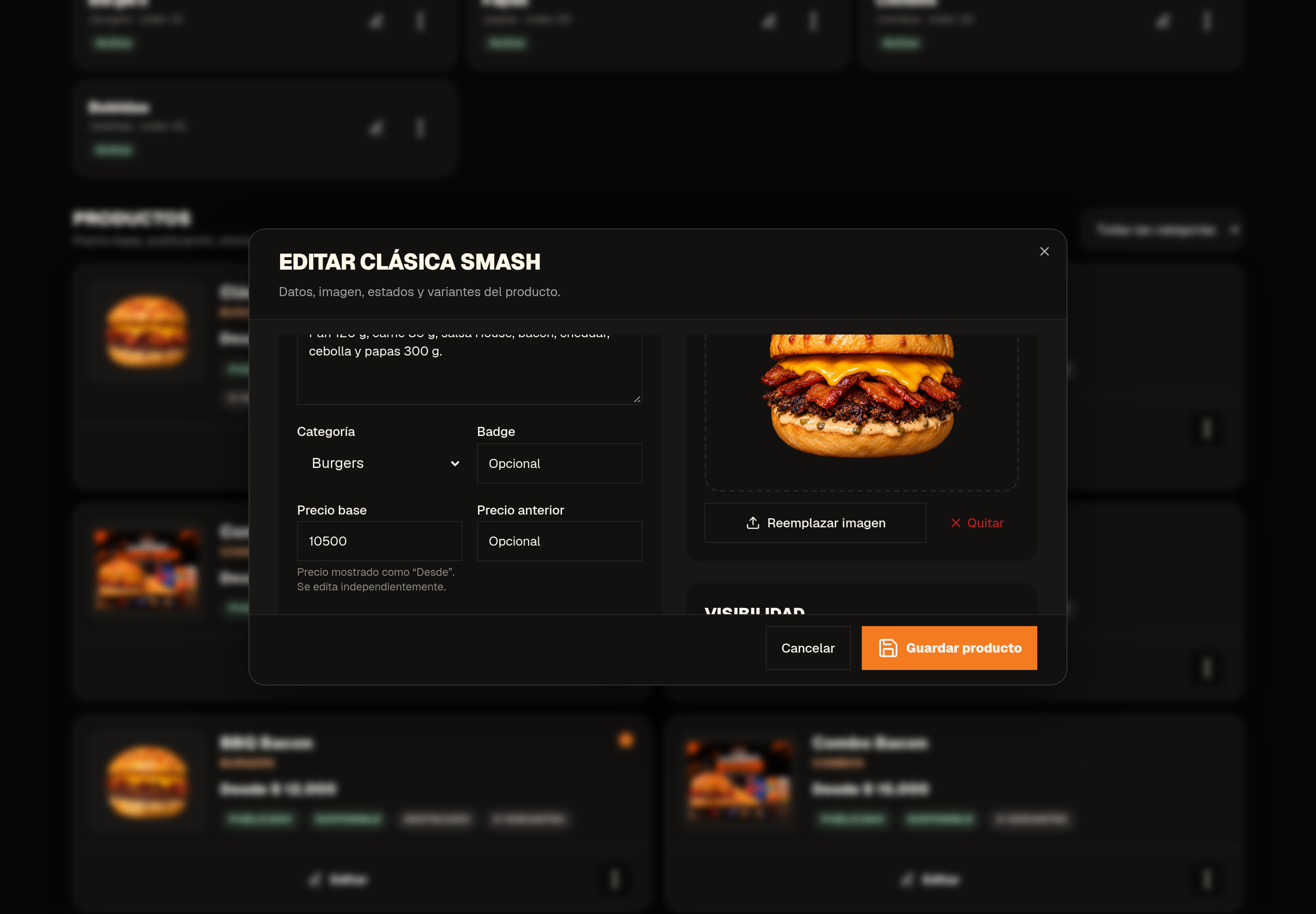 Editor de productos de Burguer House con precio base y fotografía