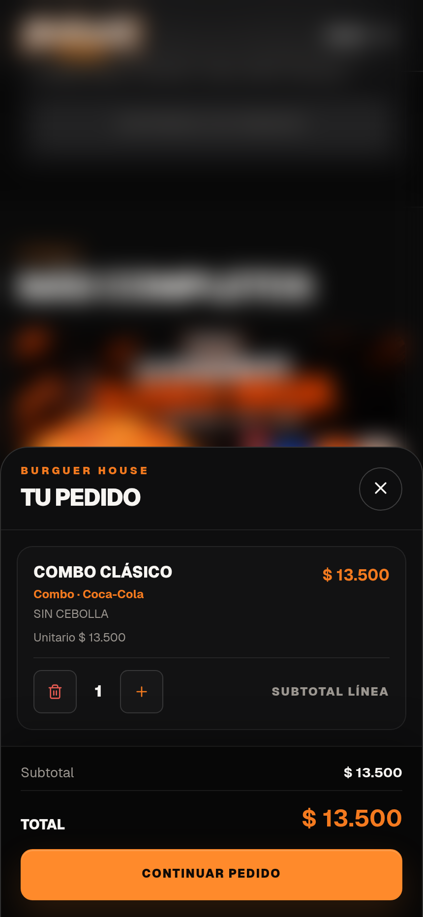 Carrito de demostración de Burguer House con producto personalizado y total