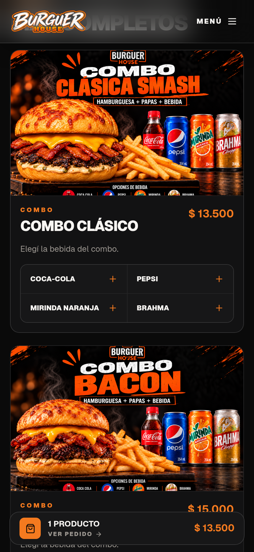 Combo de Burguer House con selector de bebida y opciones