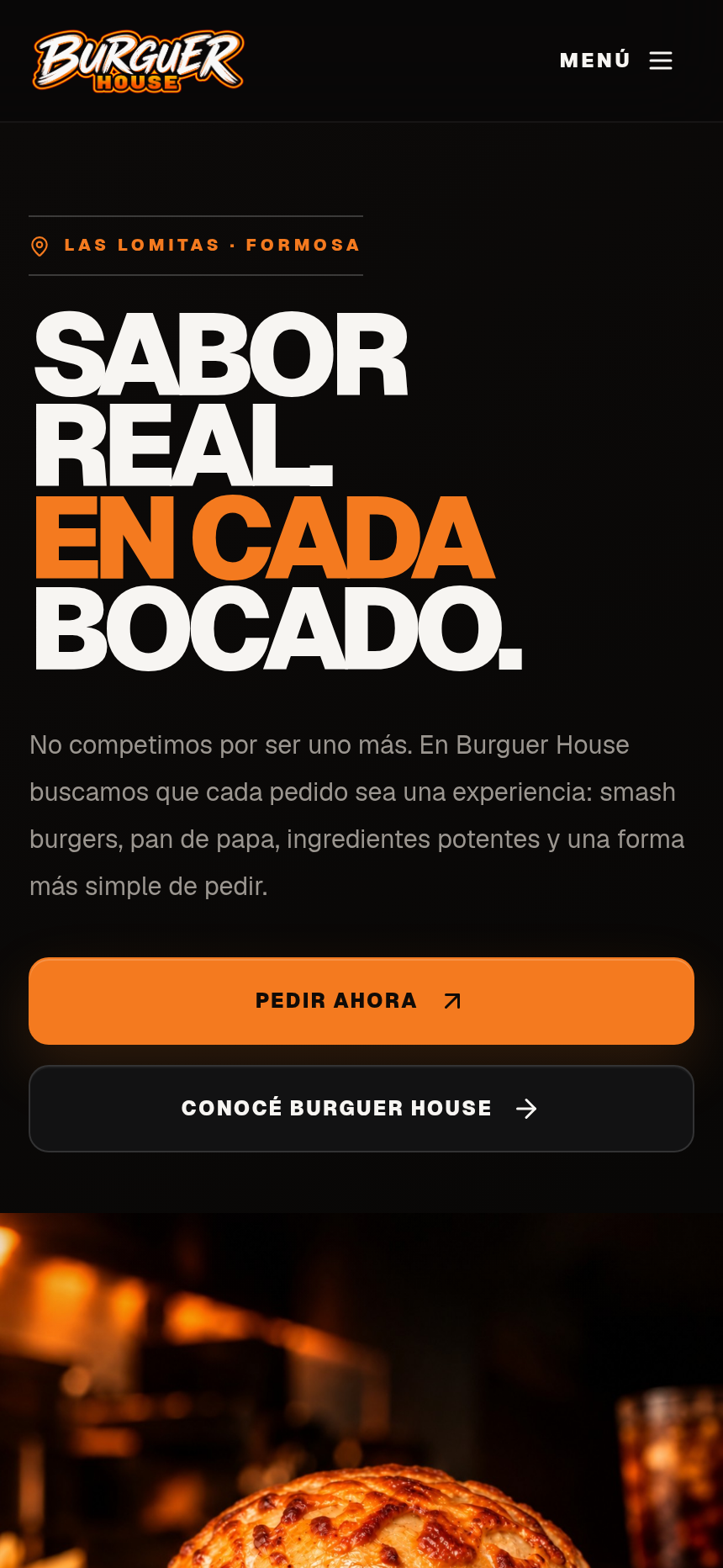Homepage de Burguer House: identidad oscura, presentación de marca y acceso al menú