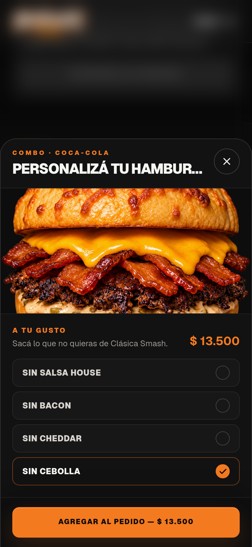 Opciones para personalizar ingredientes de un combo en Burguer House