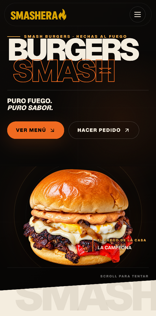 Homepage de Smashera: tipografía expresiva, hamburguesa y acceso al menú